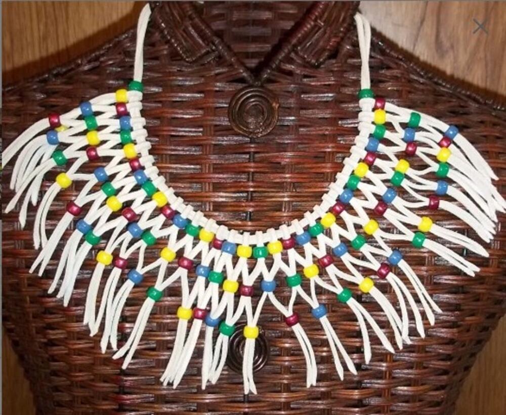 Vintage Handmade Leather Fringe Pony Bead Necklace Southwestern Boho NWOT